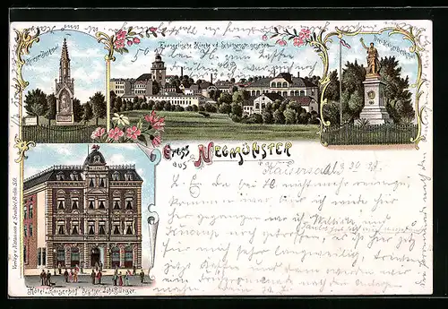 Lithographie Neumünster, Hotel Kaiserhof von Johs. Bürger, Kriegerdenkmal, Drei-Kaiser-Denkmal