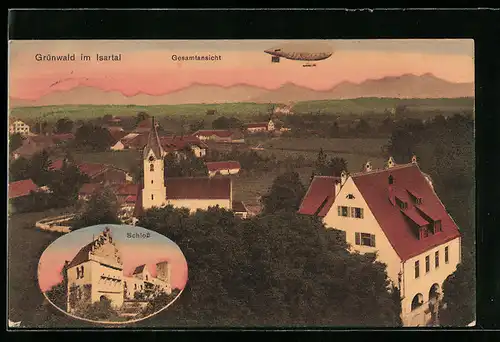 AK Grünwald im Isartal, Gesamtansicht mit Kirche und Luftschiff-Zeppelin, Schloss