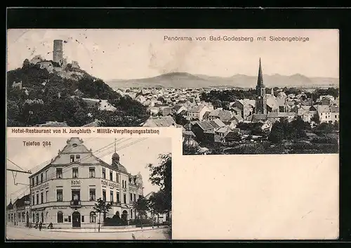 AK Bad-Godesberg, Hotel-Restaurant von H. Jungbluth Militär-Verpflegungsstation, Panorama mit Siebengebirge