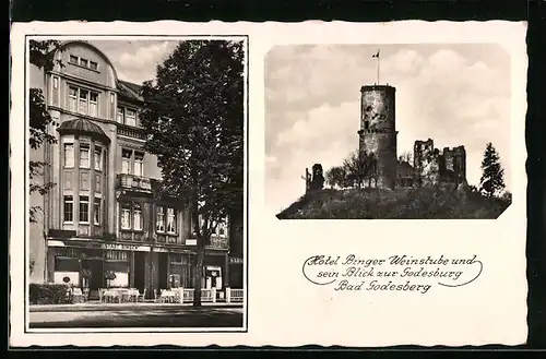 AK Bad Godesberg, Hotel und Weinhaus Maternus, Poststrasse 3, Blick zur Godesburg