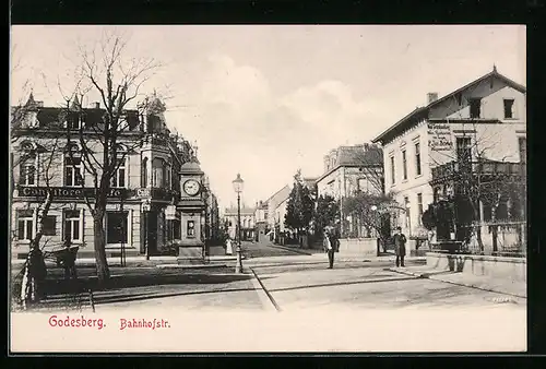 AK Godesberg, Bahnhofstrasse mit Konditorei-Cafe und Weingrosshandlung von P. Jos. Scheben