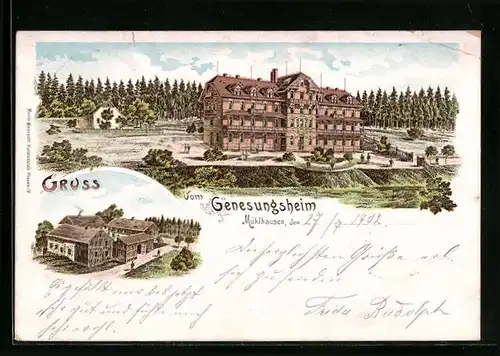 Lithographie Mühlhausen, Genesungsheim, Ortspartie