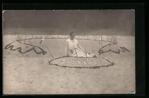 Foto-AK Strandburg mit Schriftzug aus Muscheln Rosenburg