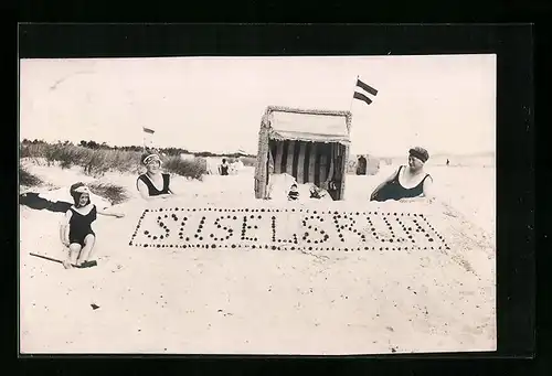 Foto-AK Strandburg mit Schriftzug aus Muscheln Suselsruh