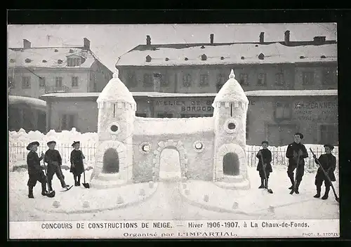 AK La Chaux-de-Fonds, Concours de Construction de Neige 1906-1907, Eisplastik