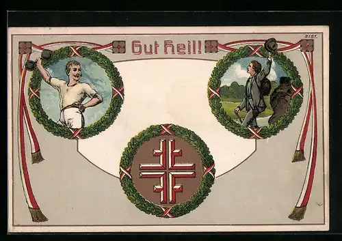 Künstler-AK Bruno Bürger & Ottillie Nr. 8151: Gut Heil!, Turner mit Hantel, Turnerwappen