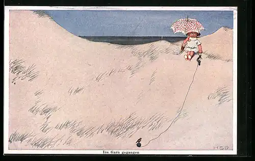 Künstler-AK H.S.B.: Kleiner Strandnixe ist ein Vogel ins Garn gegangen