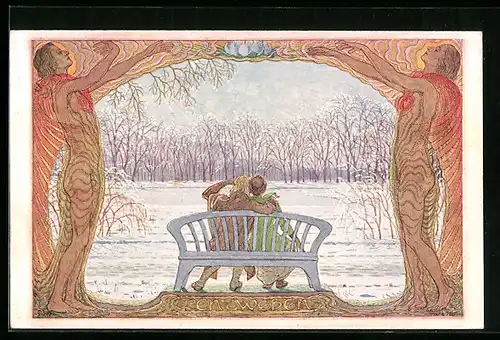 Künstler-AK Fidus: Lenzweben, Verliebtes Paar im Frühling auf einer Parkbank, Zinkdruck