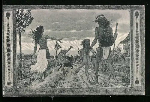 Künstler-AK Fidus: Paar mit Kindern und Hund auf dem Weg nach Hause