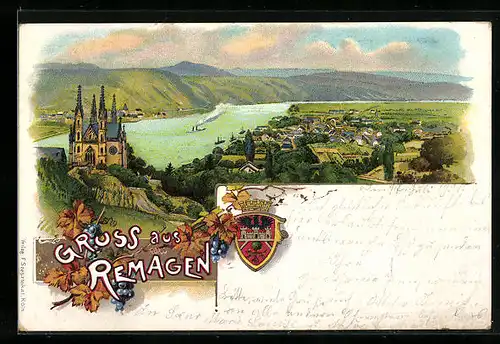 Lithographie Remagen, Blick auf die Stadt und das Umland