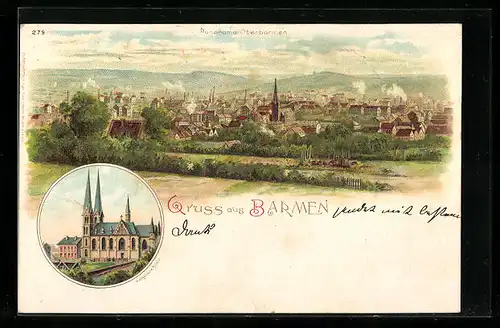 Lithographie Barmen, Panorama von Oberbarmen, Katholische Kirche