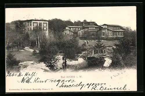 AK Bad Hamm i. W., Ortspartie mit Brücke