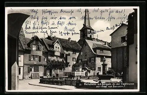 AK Bensheim a. d. Bergstr., An der Stadtmühle mit Fraa vun Bensem