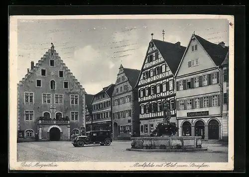 AK Bad Mergentheim, Marktplatz mit Hotel zum Straussen und Engel-Apotheke