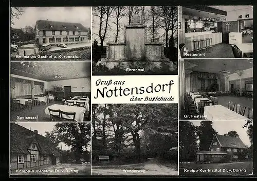 AK Nottensdorf über Buxtehude, Bellmanns Gasthof und Kurpension, Innenansichten Restaurant und grosser Festsaal