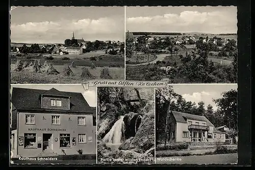AK Alflen /Kr. Cochem, Kaufhaus Schneiders, Gasthaus Waldschenke, Partie in der wilden Endert