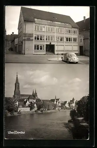 Foto-AK Ulm /Donau, Gasthaus zum Mohren 1961, Uferpartie mit Kirche