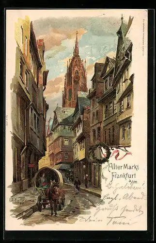 Lithographie Alt-Frankfurt, Alter Markt mit Kirche und Planwagen