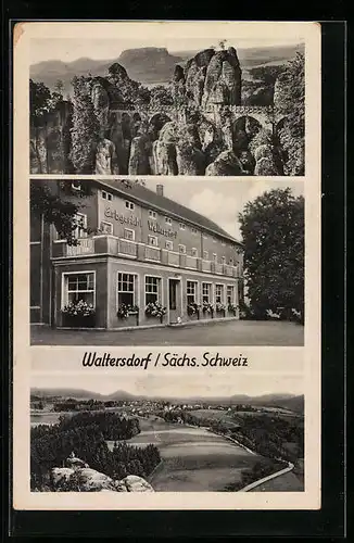 AK Waltersdorf /Sächs. Schweiz, Erbgericht Waltersdorf, Felsen, Teilansicht