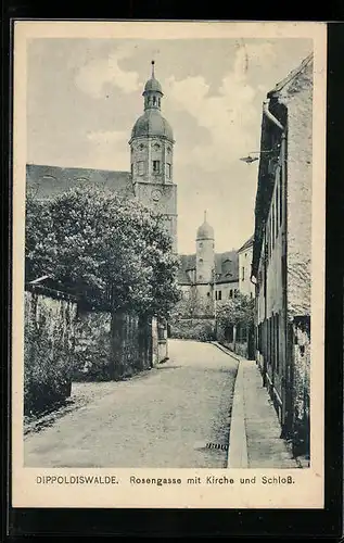 AK Dippoldiswalde, Strasse Rosengasse mit Kirche und Schloss