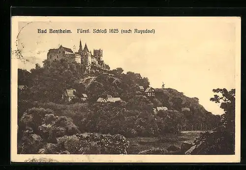 Künstler-AK Bad Bentheim, Fürstliches Schloss 1625, Im Hintergrund Windmühle