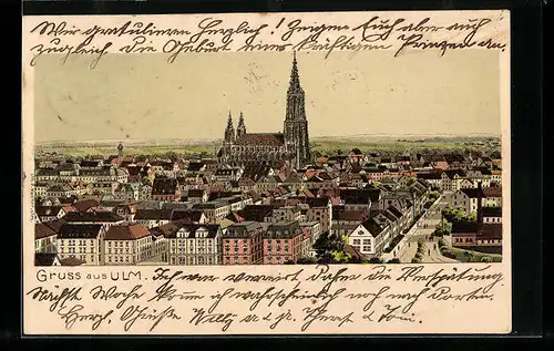 Lithographie Ulm, Panoramaansicht mit Münster