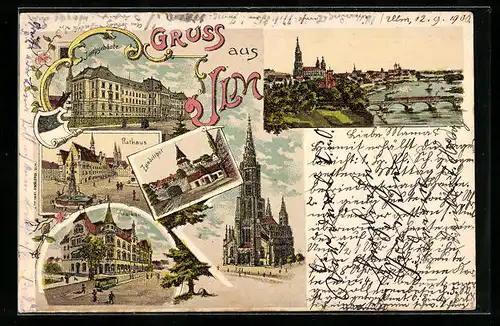 Lithographie Ulm, Justizgebäude, Zundelthor und Rathaus