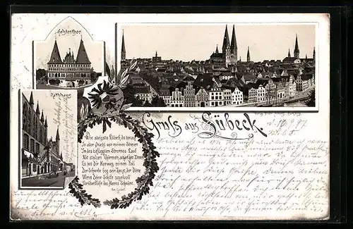 Lithographie Lübeck, Holstenthor, Rathaus, Ortsansicht