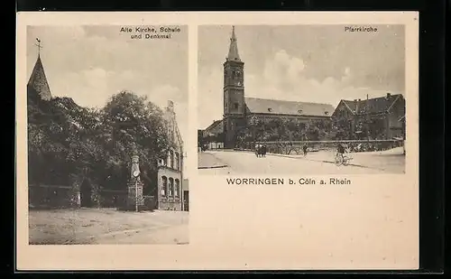 AK Köln-Worringen, Pfarrkirche, Schule und Denkmal