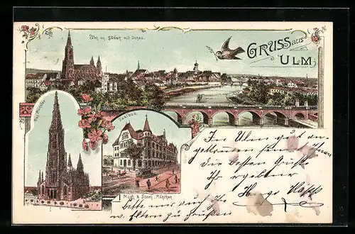 Lithographie Ulm, Ortsansicht von Süden mit Donau, Saalbau und Münster