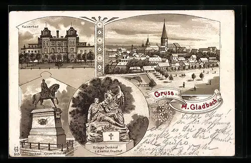 Lithographie M. Gladbach, Kriegerdenkmal, Kaiser Wilhelm I. Denkmal, Kaiserbad