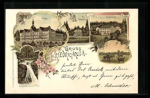 Lithographie Friedrichroda, Kurhaus, Klostermühle und die Tanzbuche