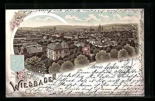 Lithographie Wiesbaden, Ortsansicht aus der Vogelschau