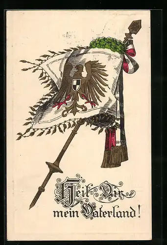 Präge-AK Heil mein Vaterland!, Adler mit Wappen auf Fahne