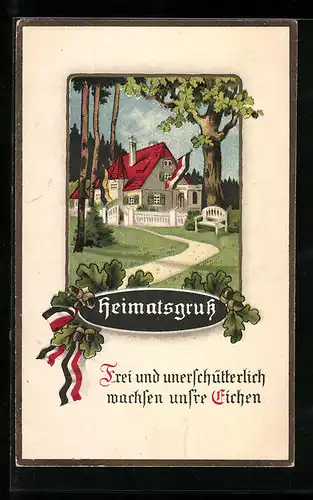 AK Heimatsgruss, Frei und unerschütterlich..., Landschaft mit einem Haus