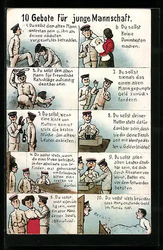 AK Zehn Gebote für junge Mannschaft, Du sollst dem alten Mann..., Du sollst keine Dummheiten machen..., 1. Weltkrieg