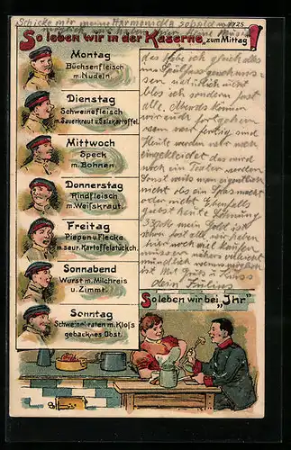 AK So leben wir in der Kaserne zu Mittag, Sol leben wir bei Ihr, 1. Weltkrieg
