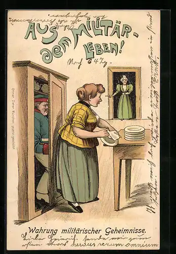 AK Aus dem Militärleben, Soldat im Schrank und Frau mit Tellern am Tisch