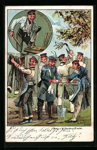 AK Soldaten hängen Wäsche auf, Stiefel weich machen, 1. Weltkrieg
