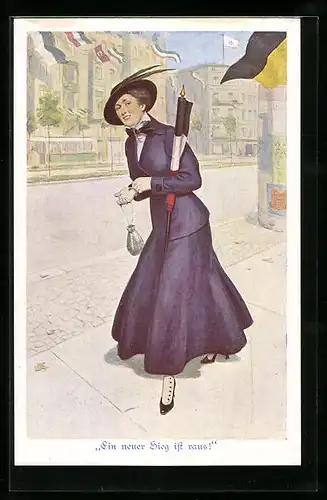 AK Junge Frau mit Flagge auf der Strasse