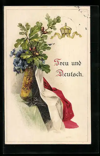 AK Treu und Deutsch, Eichenzweige, Kornblumen und Eisernes Kreuz