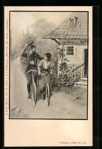 Künstler-AK Charles Scolik: Mann und Frau auf Fahrrädern