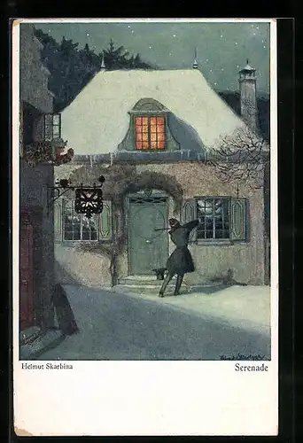 Künstler-AK Helmut Skarbina: Serenade, Herr nachts an der Tür