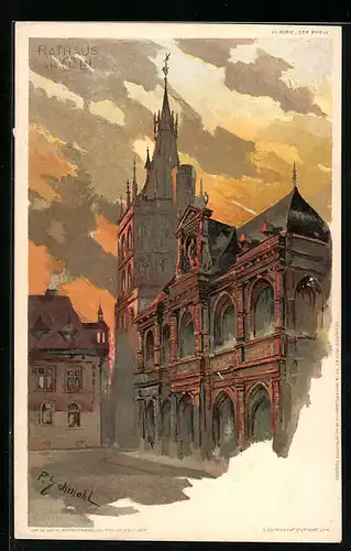 Künstler-AK P. Schmohl: Köln, Rathaus am Abend