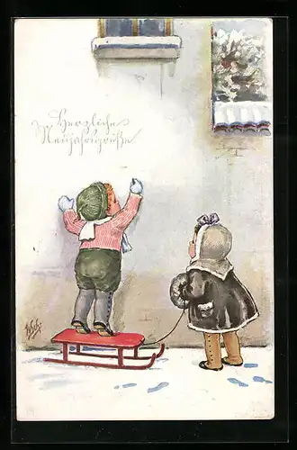 Künstler-AK Willi Scheuermann: Kinderpaar mit einem Schlitten, Neujahrsgruss