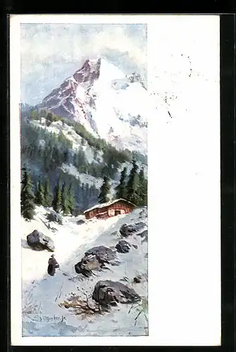 Künstler-AK August Splitgerber: Berglandschaft mit Holzhaus im Winter