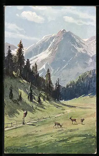 Künstler-AK August Splitgerber: Berglandschaft mit Tannen und Rehen