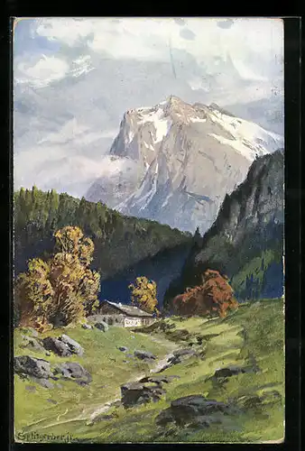 Künstler-AK August Splitgerber: Berglandschaft mit Haus und Bäumen