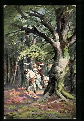 Künstler-AK August Splitgerber: Paar auf einem Pferd im Wald