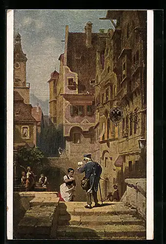 Künstler-AK Carl Spitzweg: Postbote überbringt Frau einen Brief